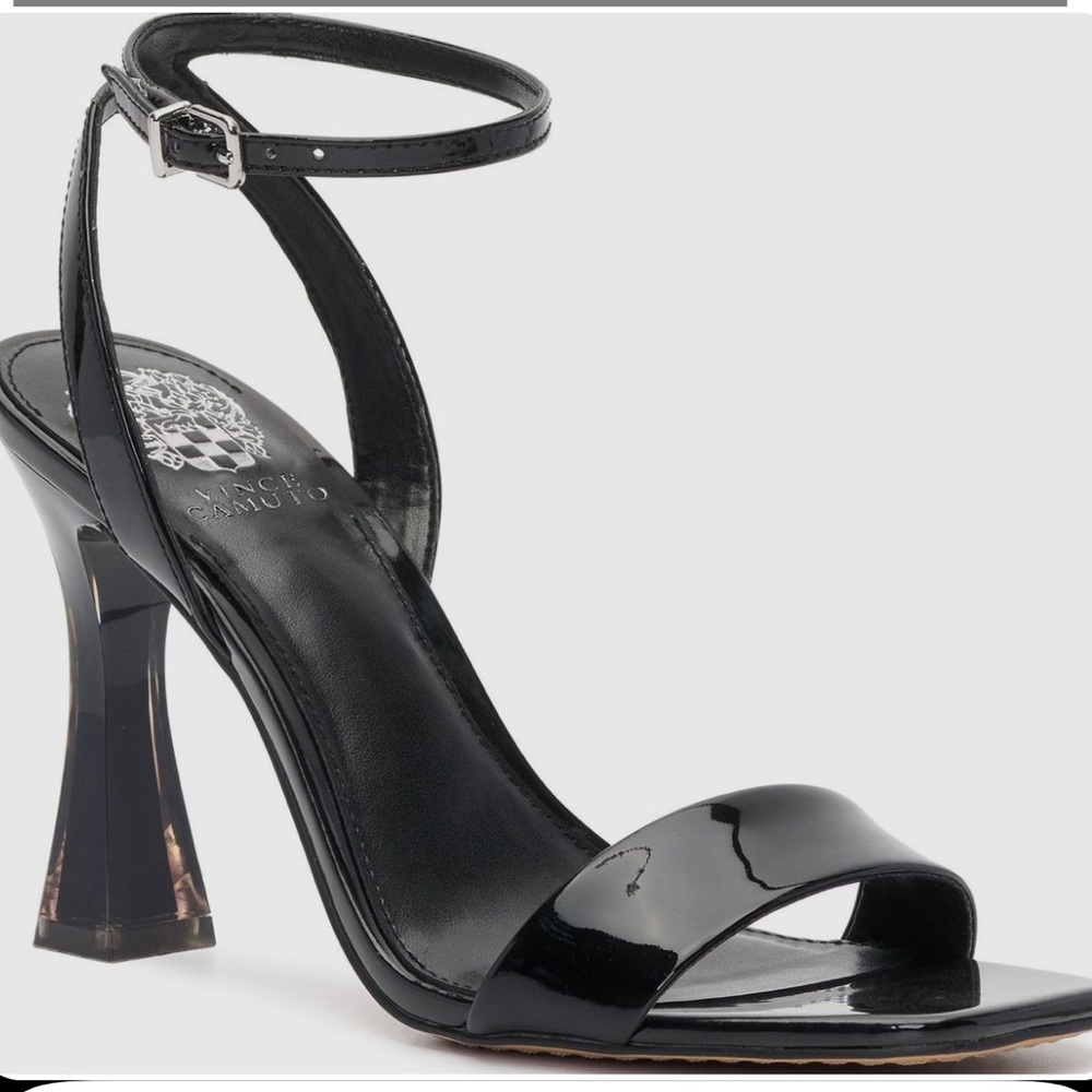Vince Camuto Rabenie Patent Black Leather Ice Cube Heel Dress Sandals